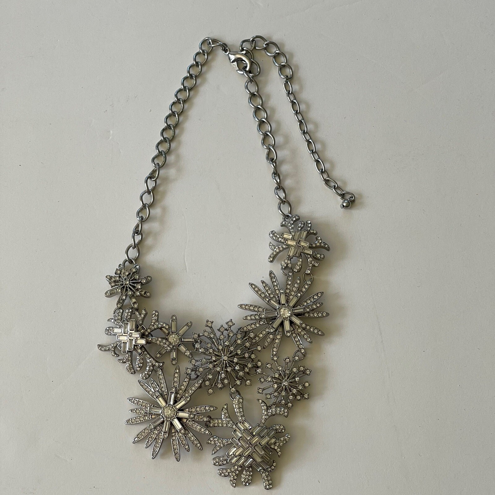 Statement Silver Tone Bib Rhinestone Necklace Adj… - image 1