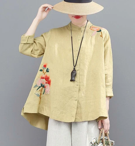 Blusa Retro Estilo Chino Mujeres's Algodón Nueva Bordada Suelta Prendas para el torso Camisas - Imagen 13 de 15