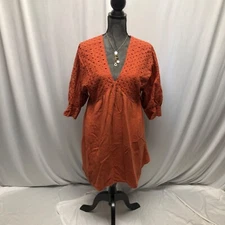 Velzera Eyelet Tunic Womens Size Large Empire Waist Tie Back Puff Sleeves Blouse