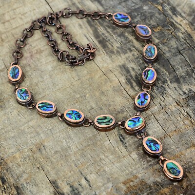 Valentines Sale Copper Oval Natural Abalone Shell Chain Electroformed Necklace