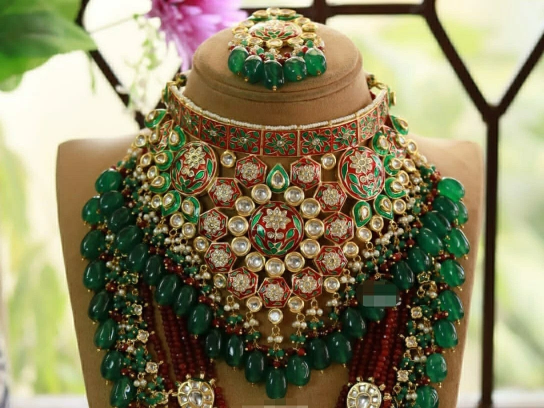 Indian Gold Plated Bollywood Emerald Jewelry Set Enamel Choker Necklace Set