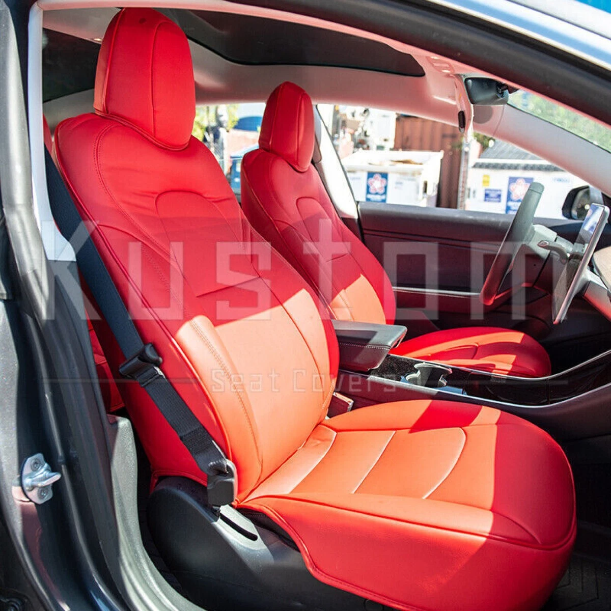 Fit 17-22 Tesla Model 3 All Red Kustom Cover PUV Leather Seat Covers Set