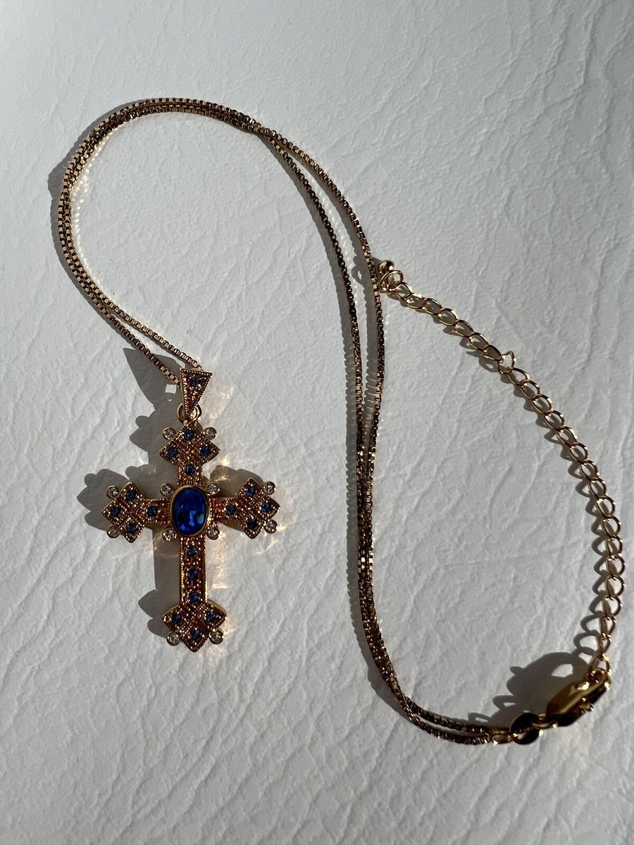 Camrose Kross Jacqueline Kennedy Blue White Crystals Cross Pendant