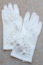 Vintage White Cream Italian Kid Leather Floral Pattern Driving Gloves XS 6"