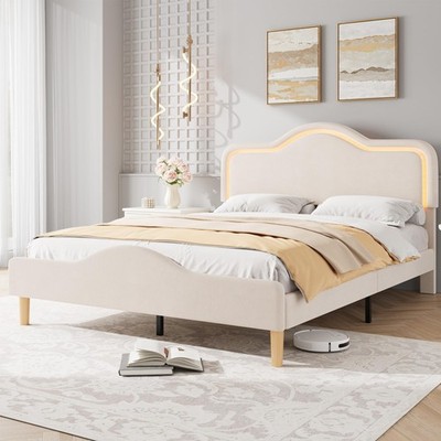 Queen Size Bed Frame with LED Lights, Velvet Upholstered Platform Bed with Ad...