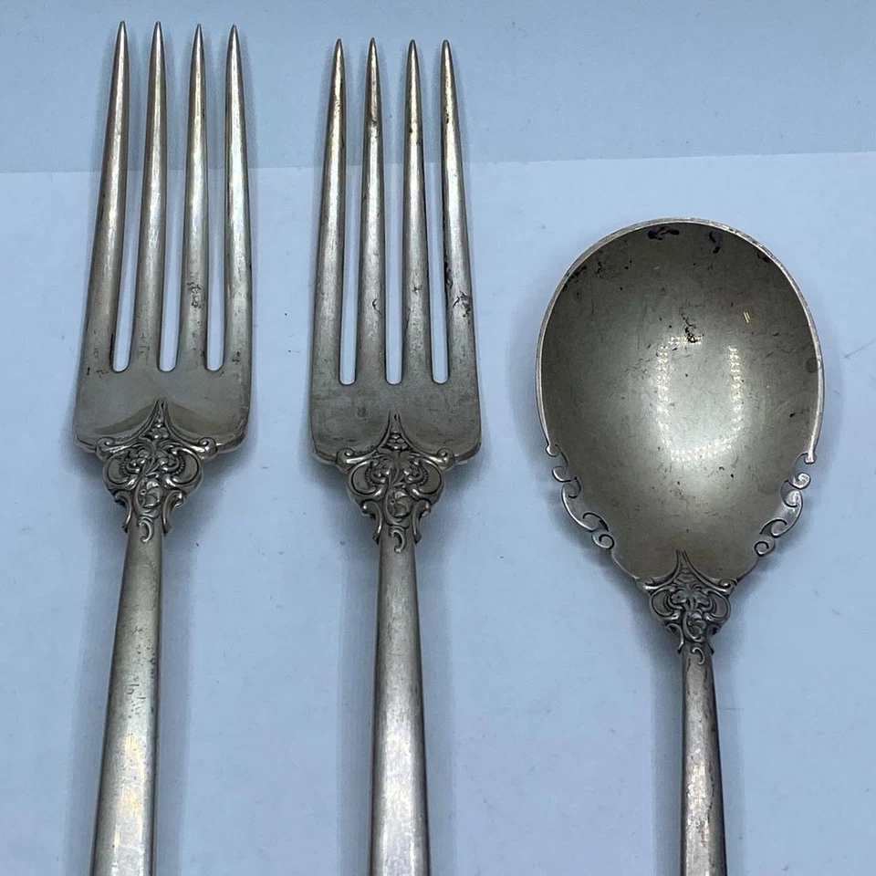 Cuchara y tenedor barroco Wallace de plata de ley 3 piezas 203,1 g Foto 3 de 4