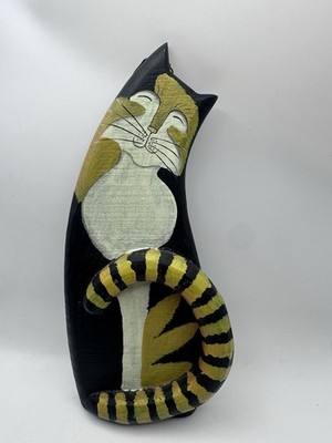 Vntg Laurel Burch Style Cat Figurine Hand Painted Wooden Folk Art Black B5