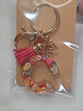 Pink Colorful Fruit Design Initial Letter "C" Resin Keychain Purse Charm Tassel