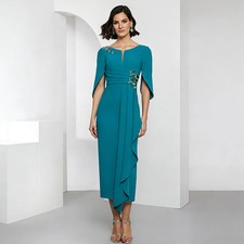 Satin Midi Mother Of The Bride Dress O-neck Sheath Women's Wedding Party Attire