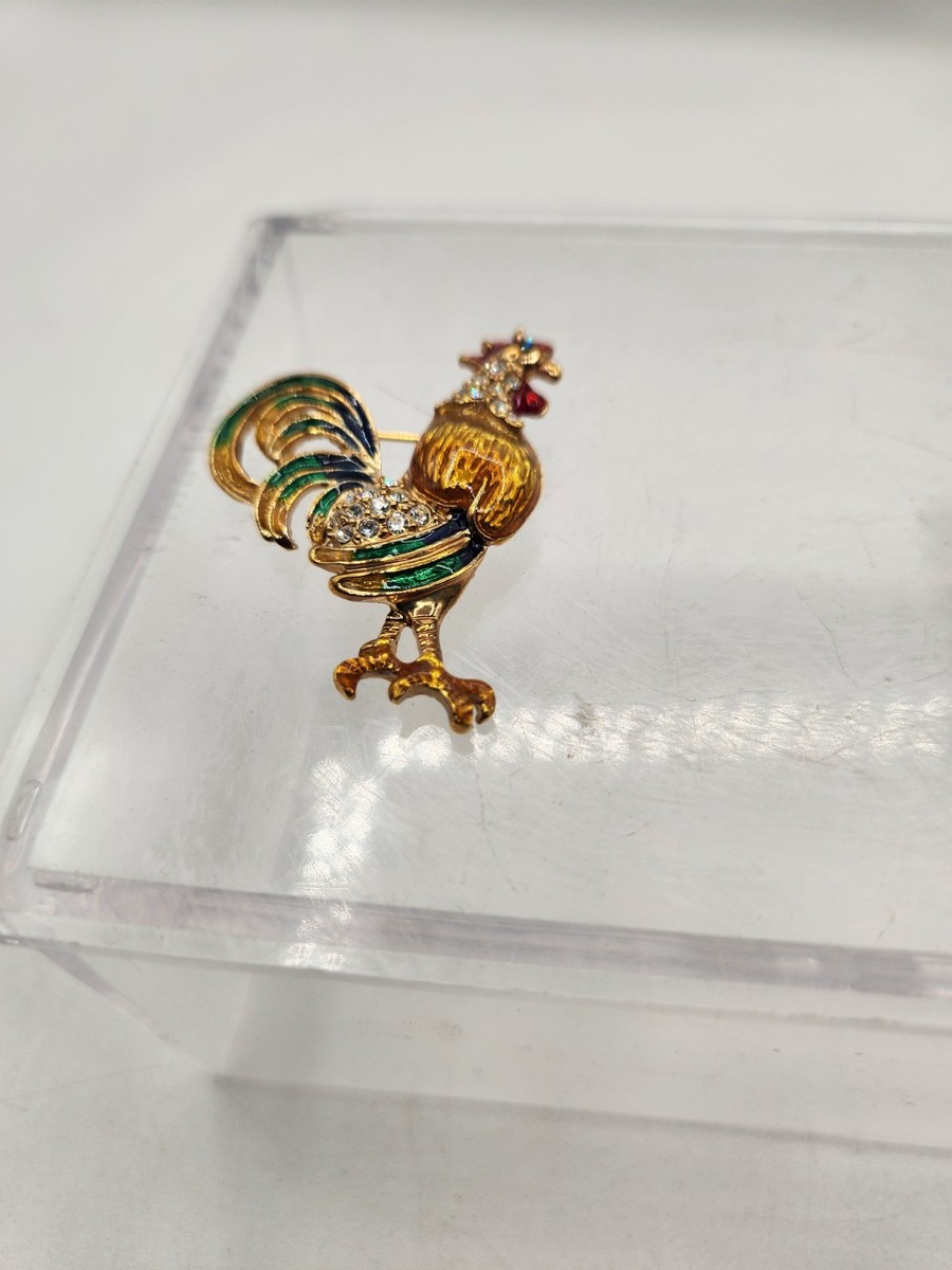 Vtg NAPIER Enamel Rhinestone CHICKEN  ROOSTER Gold tone BROOCH W/2nd No Name Pin View 4
