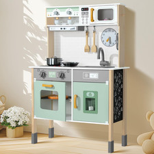 Green Wooden Kids Play Kitchen Adjustable Height 35Pc Toy Food Cooking Set