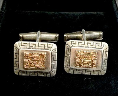 18k Gold 925 Sterling Silver Tribal Aztec CUFFLINKS Vintage Set