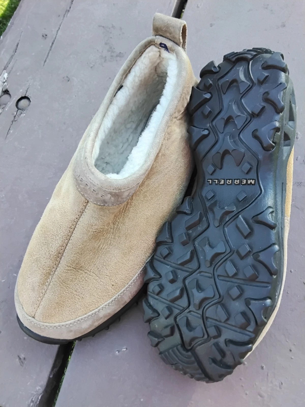 Warm Insulated Merrell Sherpa Lining Suede Slip On Camping Booties Sz 9