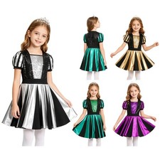 Kids Girls Metallic Skirt Dress Sequins Costume Show Stage Color Block Event
