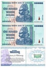ZIM Zimbabwe 100 Trillion Banknote 2 pcs Note AA/2008, P-91, Uncirculated COA!