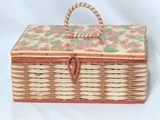 Vintage Wicker Sewing Box Plastic Covered Basket Case Orange Green Floral Japan