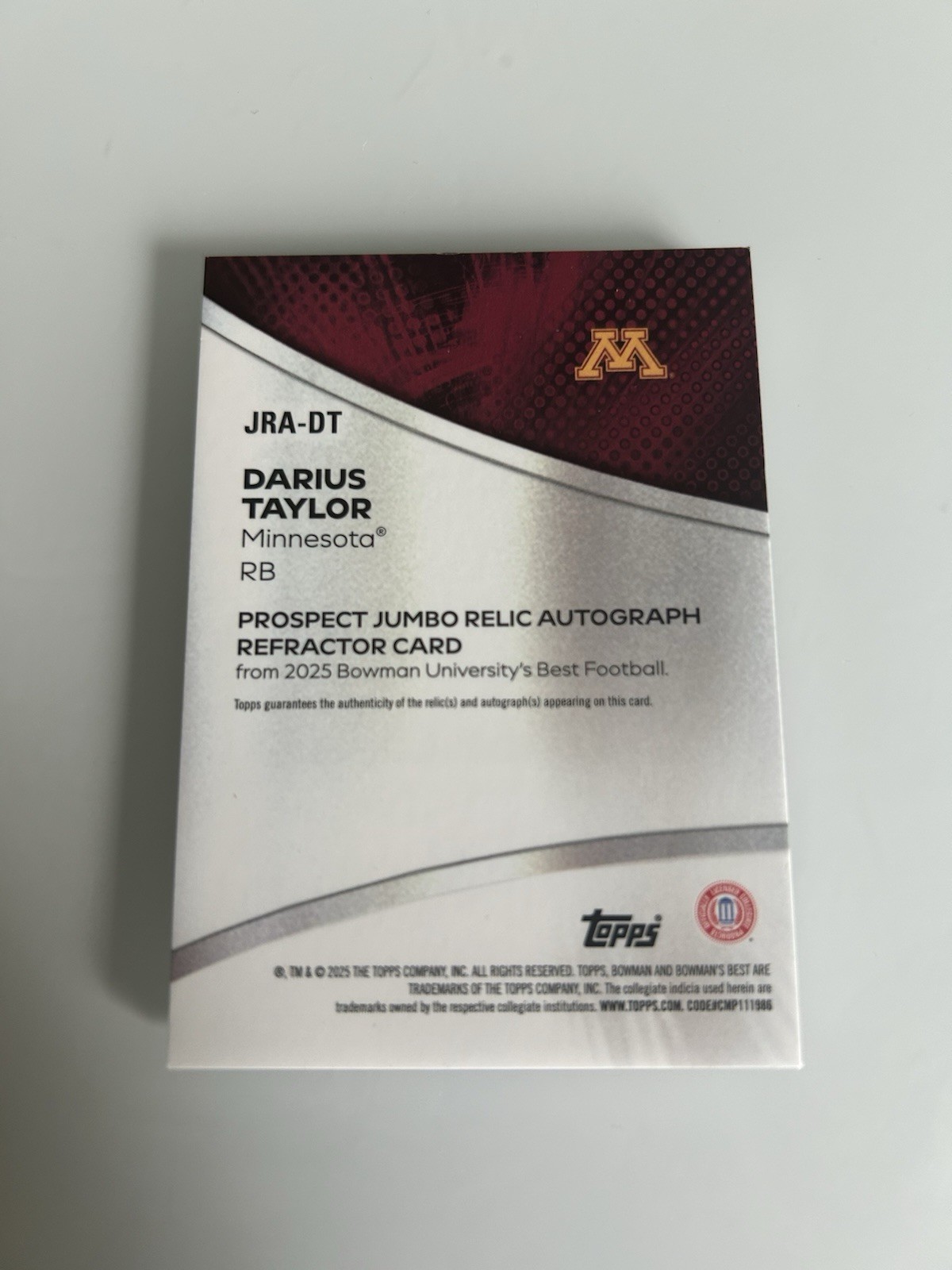 Bowman Best Minnesota Gophers Darius Taylor Auto Game Worn Patch /5 Inscription view 2