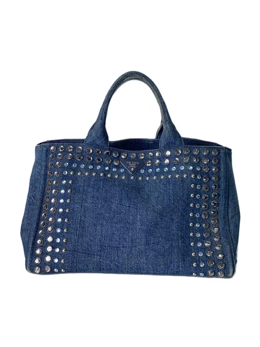 PRADA CANAPA Studded Denim Tote Bag in Black IDG B24390