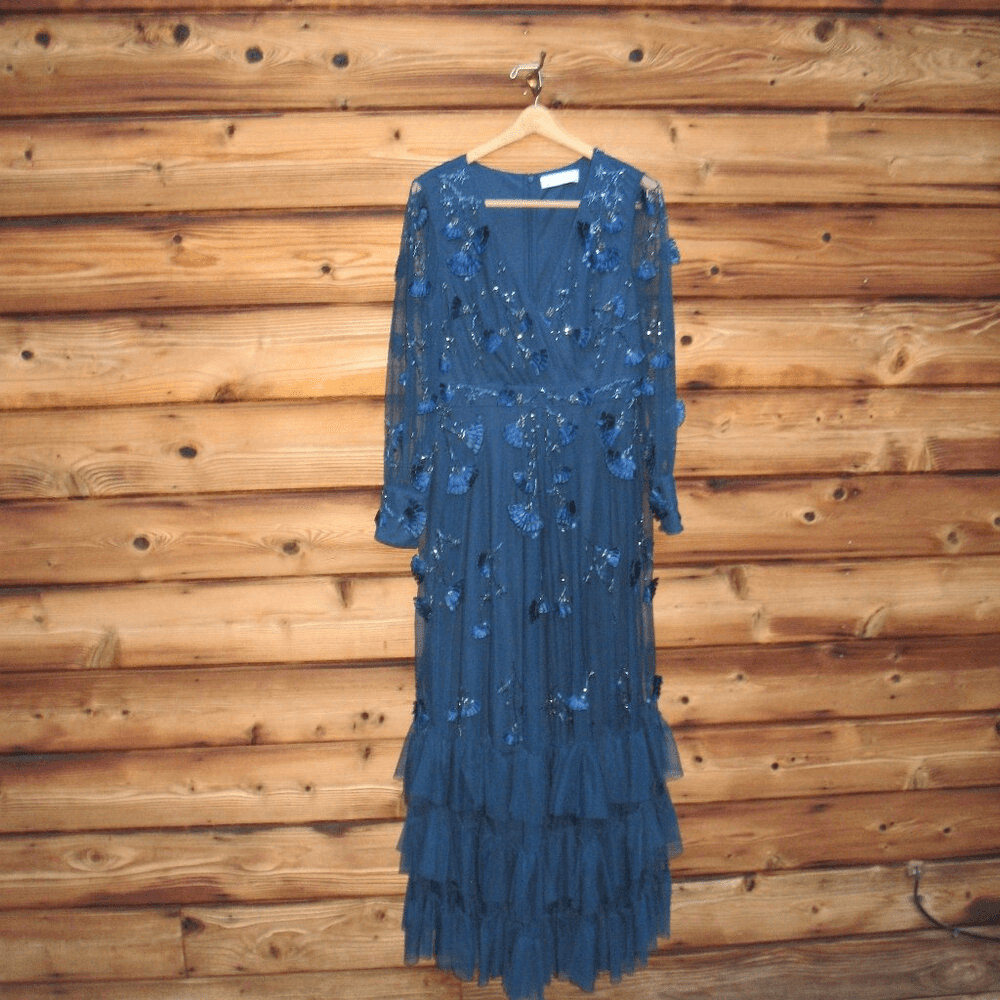 NWT MAC DUGGAL 9256 Mesh Long Sleeve V-Neck Tiered A Line Gown Blue 12 image 5