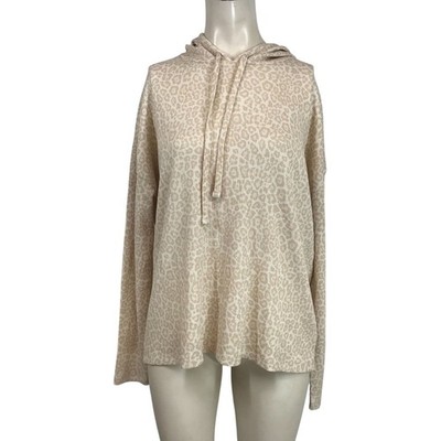 SPLENDID WOMEN'S MEDIUM - CREAM & TAN CHEETAH COTTON BLEND HOODED PULL-OVER TOP