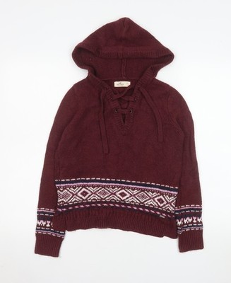 Hollister Damen Burgunder Fair Isle Kapuzenpullover Pullover XS
