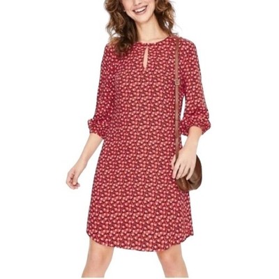 Boden Vanessa Dress Sz 12 L Red & Navy Floral Keyhole Puff 3/4 Sleeve Shift