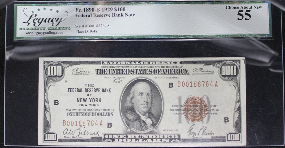 1929 55CAN FR 1890-B Federal Reserve New York 100$ Note, SN B00188764A - Image 3 of 4