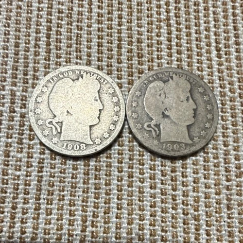 Barber Quarter Silver Coins 1908-0, 1903-O 25C Business Strike Lot