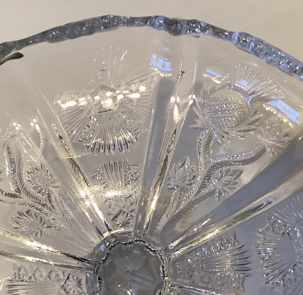 Vintage Cut Glass Pedestal Bowl / Candy Dish Sawtooth Scalloped Edge