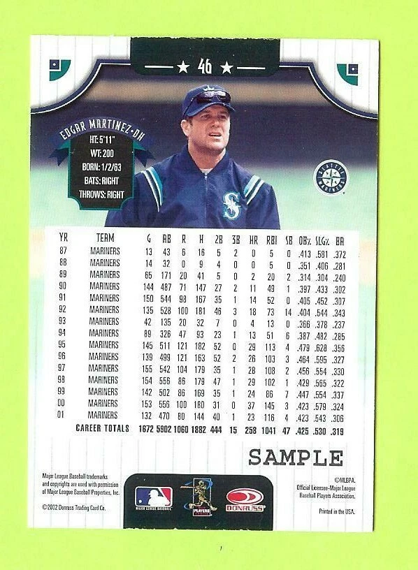 2002 DONRUSS EDGAR MARTINEZ PREVIEW ISSUE CARD #46 - "SAMPLE" - RARE - Image 2 of 2