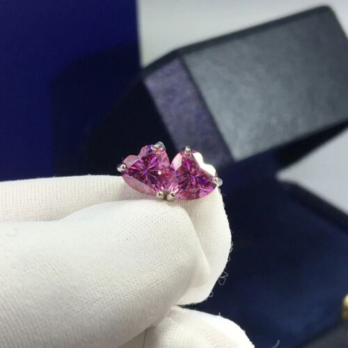 Women's Stud Earring 14K White Gold Plated 2Ct Heart Lab Created Pink Sapphire - Picture 2 of 6