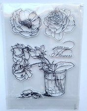 4 Never Used Clear Rubber Floral Stamps 1 "Sending You Flowers" Sentiment