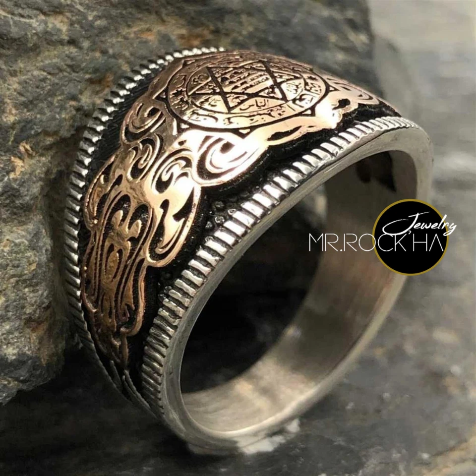 Sello de Salomón, grabado tallado a mano, color bronce, anillo solitario de plata 925 para hombre Foto 3 de 4