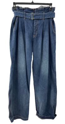 Polo Ralph Lauren Belted Jeans Women's Blue Wide Leg Button Fly Denim Trouser