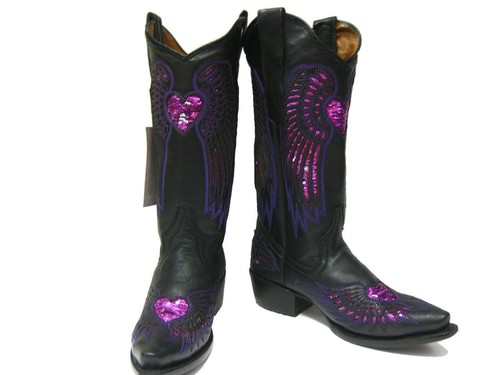 Botas de rodeo para mujer punta corta negras fucsia corazón alas botas mujer talla 5 - Imagen 4 de 5