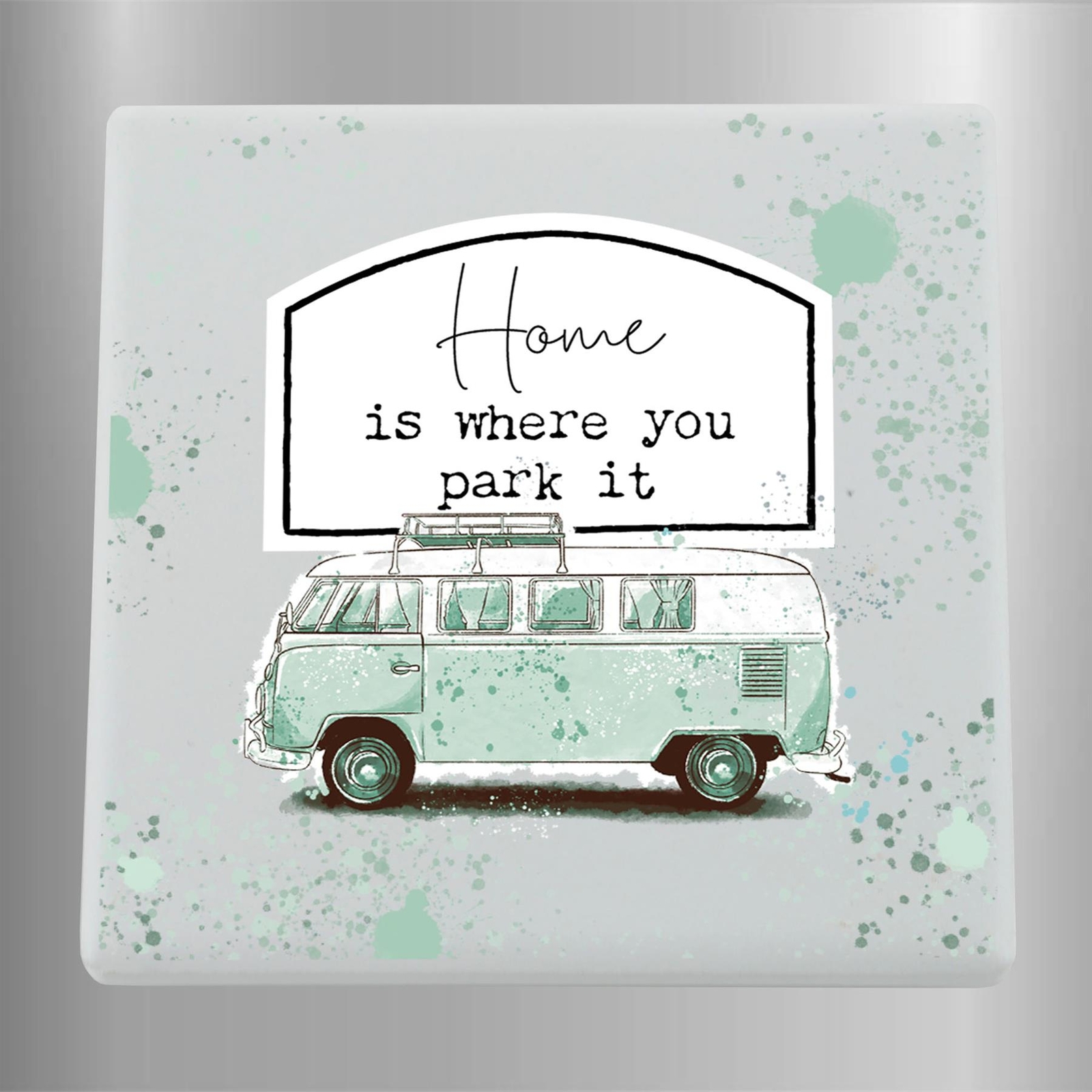Home Is Where You Park It Green Watercolour Campervan Ceramic Square Magnet