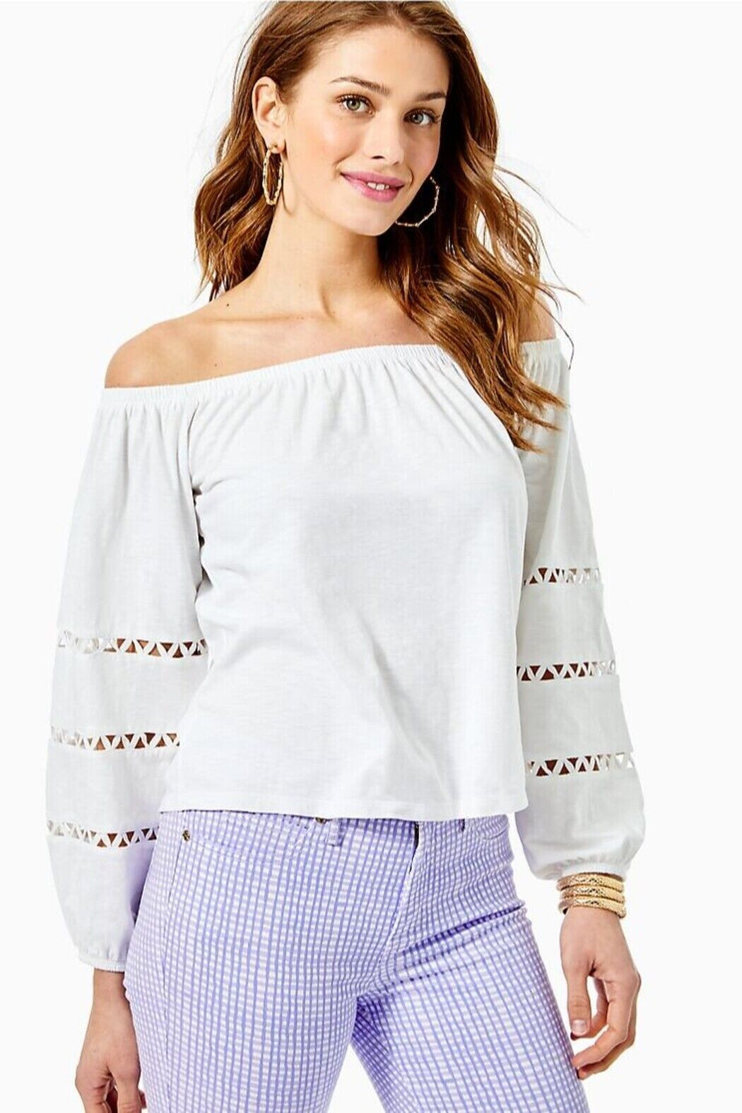 271120 Lilly Pulitzer Katt Off-The-Shoulder Blouse Top Resort Cutout Lace S