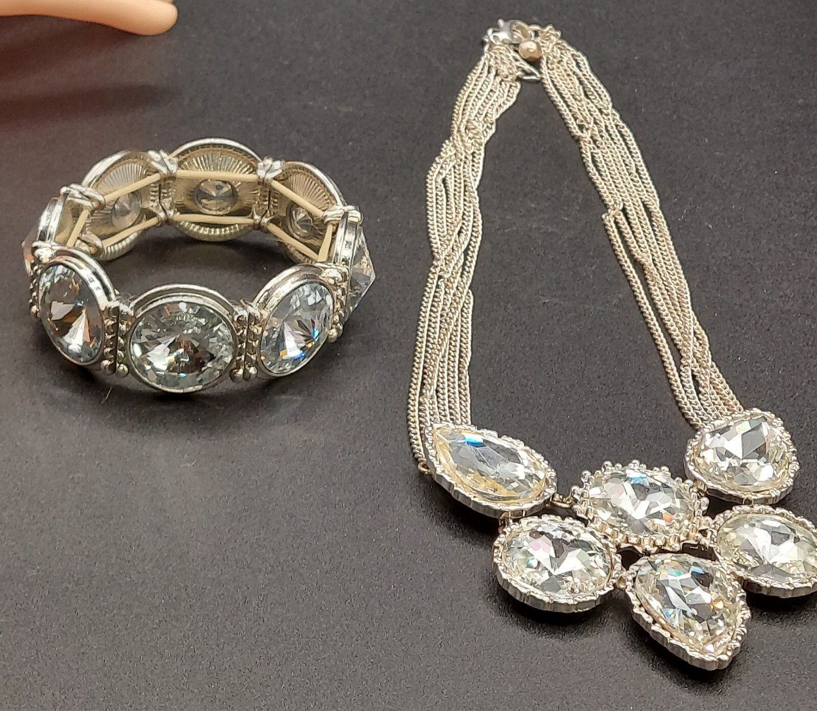 Unsigned Necklace Stretch Bracelet Silvertone Riv… - image 1