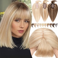 Clip in Real Remy Human Hair Women Topper Hairpiece Middle Part With Bangs