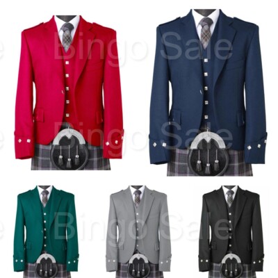 Men's Scottish Argyle Jacket With Vest Serge Wool Wedding Argyle Kilt Jacket