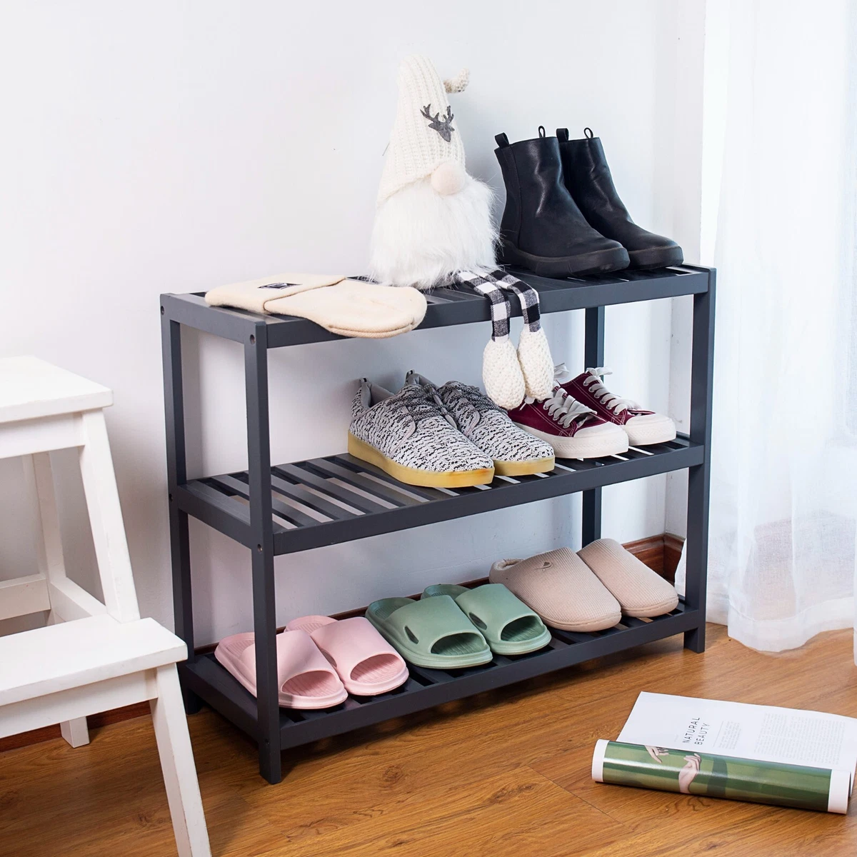 3 Tier Grey Wooden Bamboo Shoe Rack Stand Holder Storage Shelf Unit Organiser