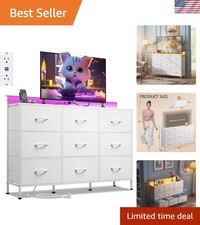 Modern 9-Drawer White Dresser TV Stand with LED Lights & Charging Station
