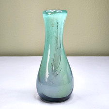 Studio Art Hand Blown Thick Glass Vase 8.75" Tall Blue Aqua Smoke Bubbles Pulls
