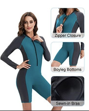 Women's Teal Black Wetsuit Zipper Boyleg Bottoms Short/Long Sleeve Sewn-in Br