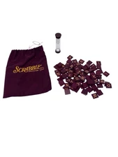 Scrabble Deluxe Bag W/Wood Letter Tiles Set Of 97 Maroon Burgundy & Sand Timer