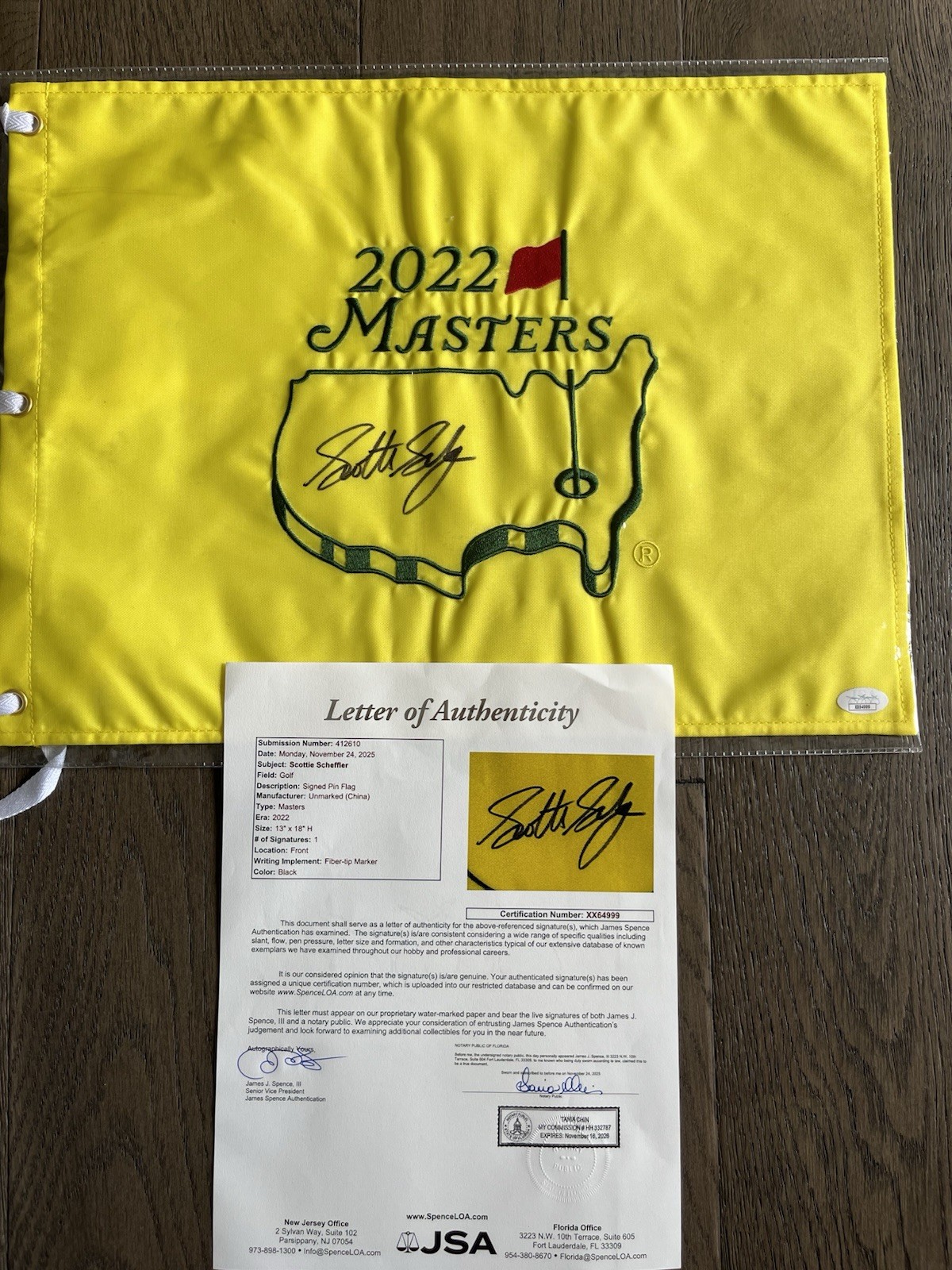 Scottie Scheffler Autographed Signed 2022 Masters Flag Augusta National JSA LOA 2026 Masters 
