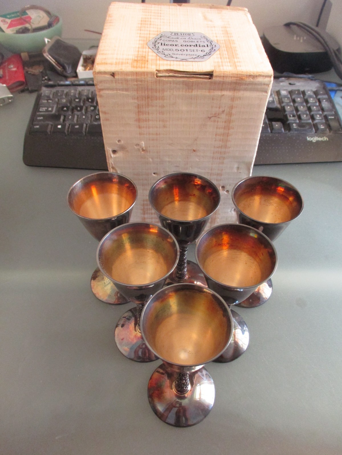 Vintage Set of 6 PLATOR Silverplate licor Goblets. Made in Spain