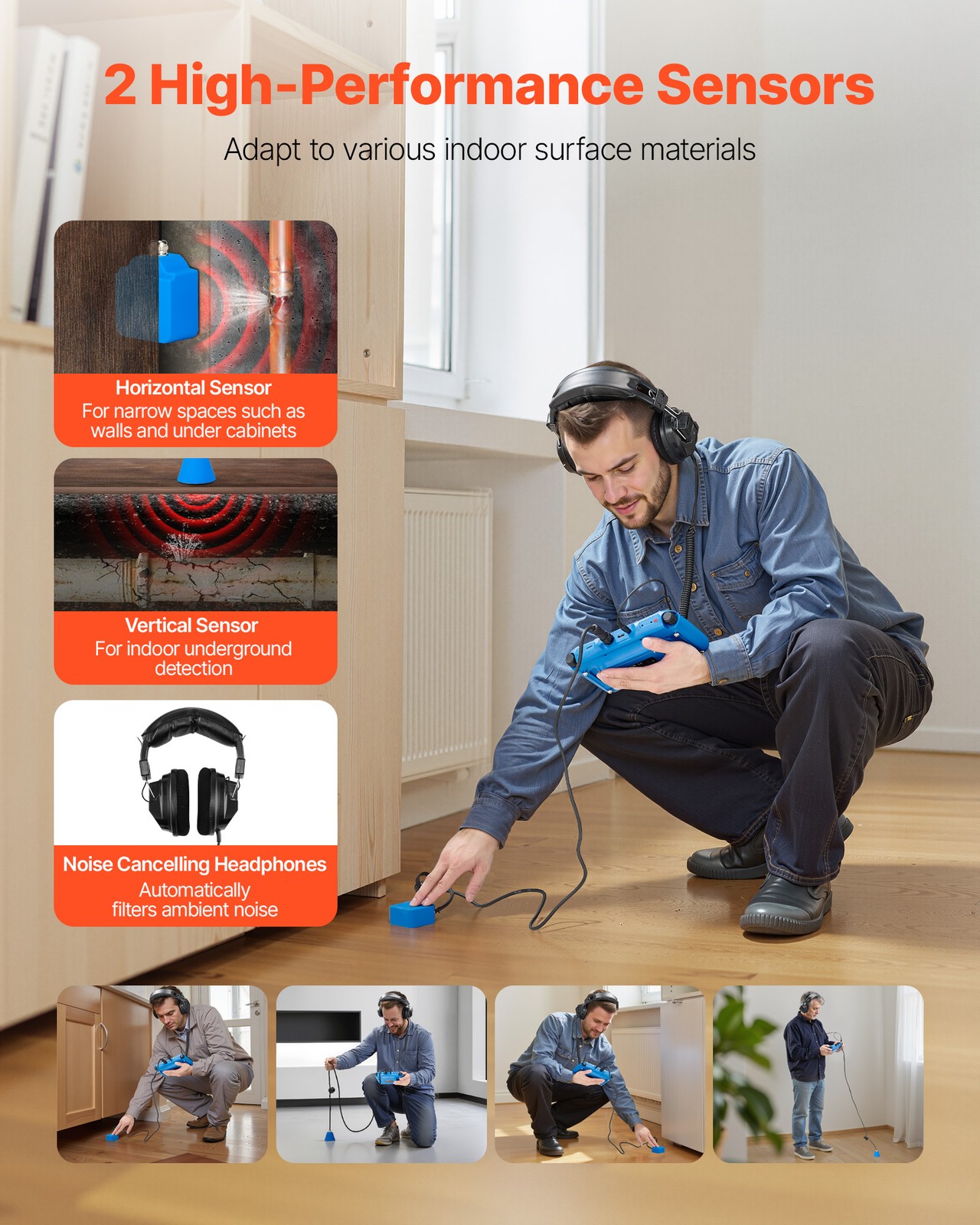 VEVOR Pipe Water Leak Detector for Indoors 1Hz-10000Hz 7" Touchscreen 2 Sensors