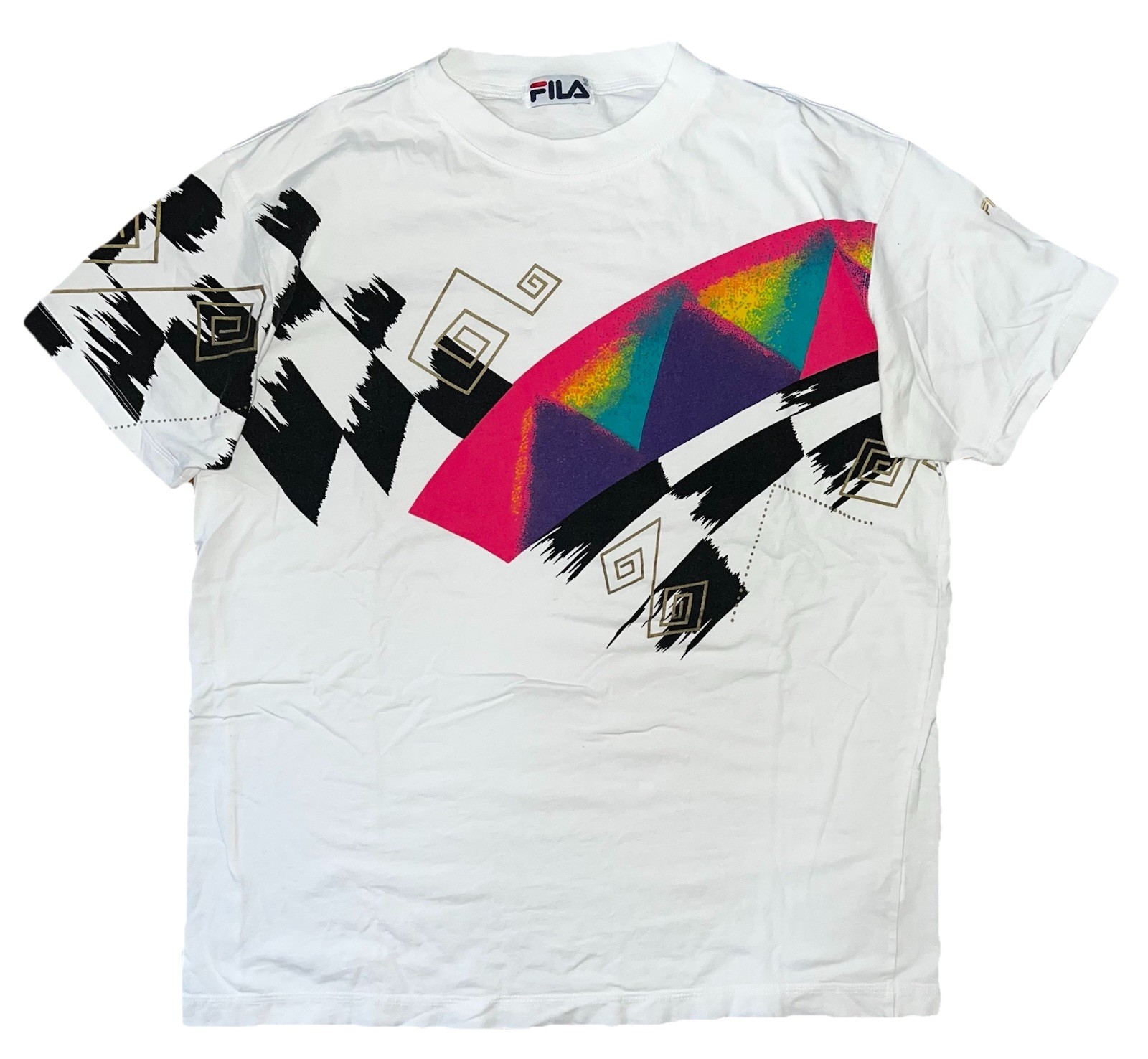 T shirt bianca tennis colorata FILA forme geometriche vintage anni 90 grande