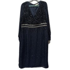 Mac Duggal Midi Dress Navy Sequin Beaded V-Neck Bishop Sleeve Women's sz 20